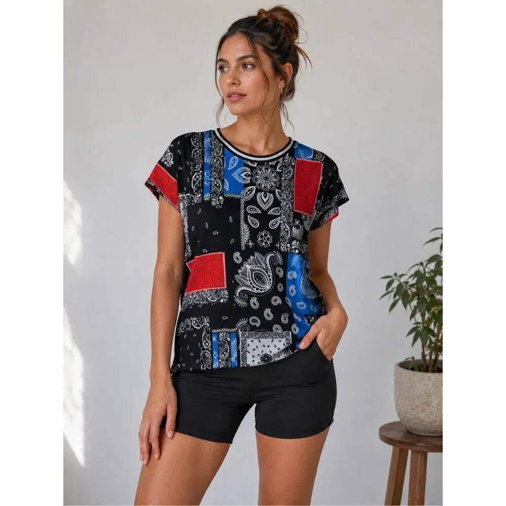 Fresh Brand Women’s XL Paisley Patchwork Print T-Shirt Black Red Blue